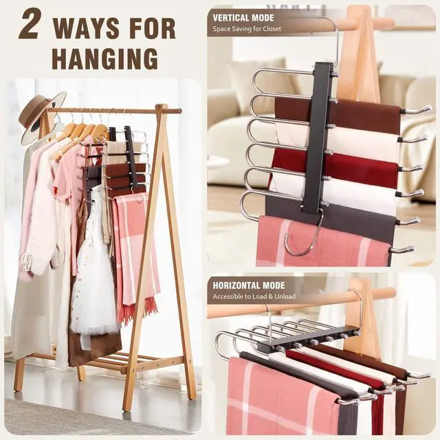 Alt view image 3 of 7 - Space Saving 6 Tier Pant Hangers, Anti-Slip, Stainless Steel, 2 Pack, Black