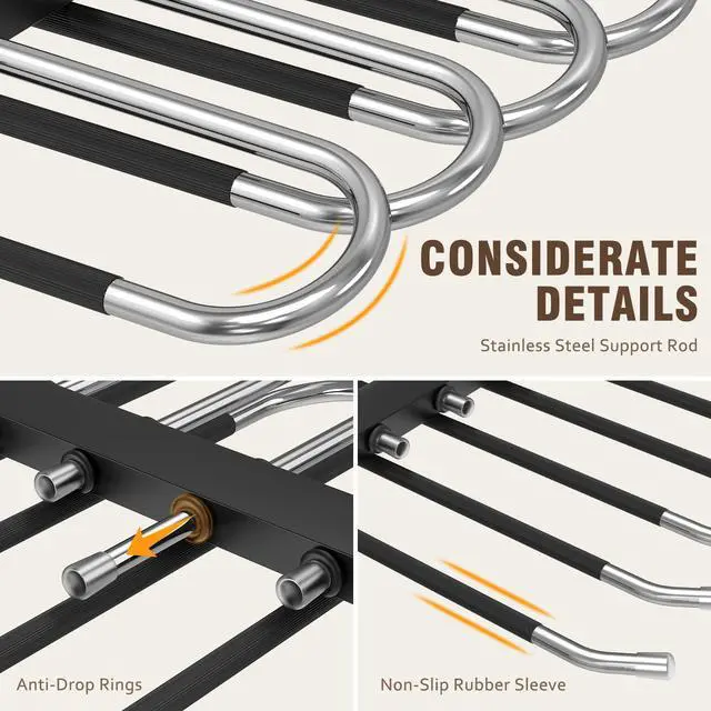 Alt view image 5 of 7 - Space Saving 6 Tier Pant Hangers, Anti-Slip, Stainless Steel, 2 Pack, Black
