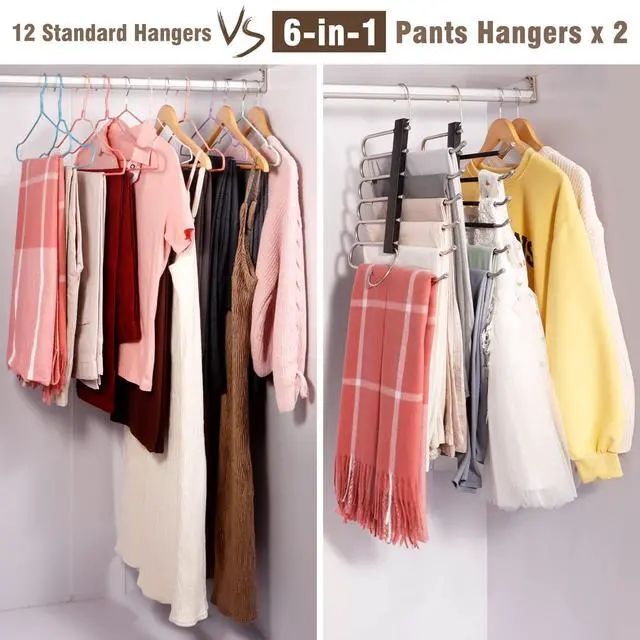 Alt view image 6 of 7 - Space Saving 6 Tier Pant Hangers, Anti-Slip, Stainless Steel, 2 Pack, Black