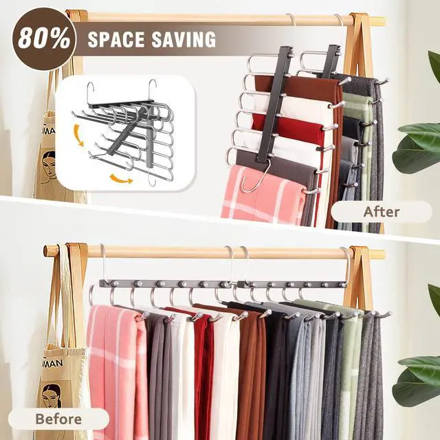 Alt view image 2 of 7 - Space Saving 6 Tier Pant Hangers, Anti-Slip, Stainless Steel, 2 Pack, Black