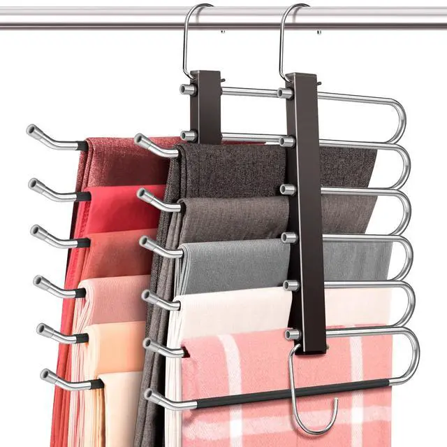 Main image of Space Saving 6 Tier Pant Hangers, Anti-Slip, Stainless Steel, 2 Pack, Black