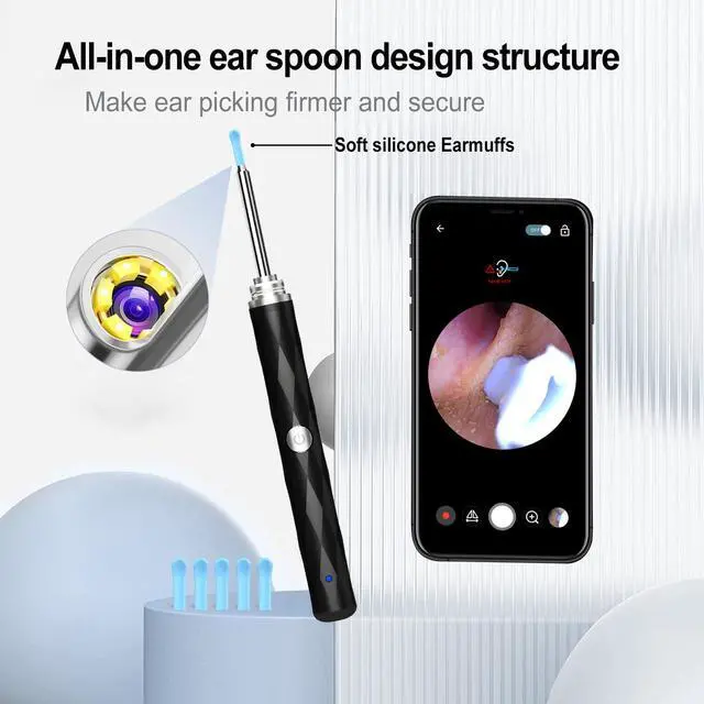 Alt view image 3 of 7 - High-Definition Ear Wax Removal Ear Canal Cleaner with 1080P Camera and Light, Ear Cleaning Kit with 5 Ear Spoon - Ear Cleaning Kit for iOS & Android (Black)