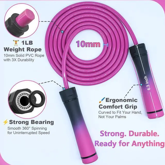 Alt view image 3 of 7 - Weighted Jump Rope for Women & Men - 1LB Heavy Adjustable Skipping Rope, 10mm PVC with Ball-bearing for Speed, Cardio, Boxing, CrossFit - Tangle Free, Home & Gym Workout Fitness