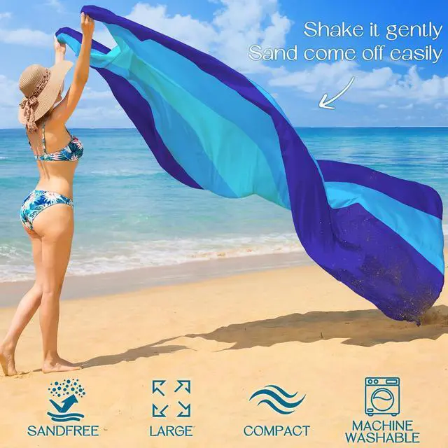 Alt view image 3 of 6 - Beach Blanket 78''×81'' 4-7 Adults Oversized Lightweight Waterproof Sandproof Beach Blanket Large Picnic Mat for Travel Camping Hiking Picnic(78" X 81", Blue-Mixed)