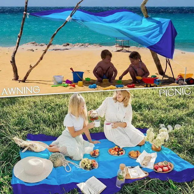 Alt view image 5 of 6 - Beach Blanket 78''×81'' 4-7 Adults Oversized Lightweight Waterproof Sandproof Beach Blanket Large Picnic Mat for Travel Camping Hiking Picnic(78" X 81", Blue-Mixed)