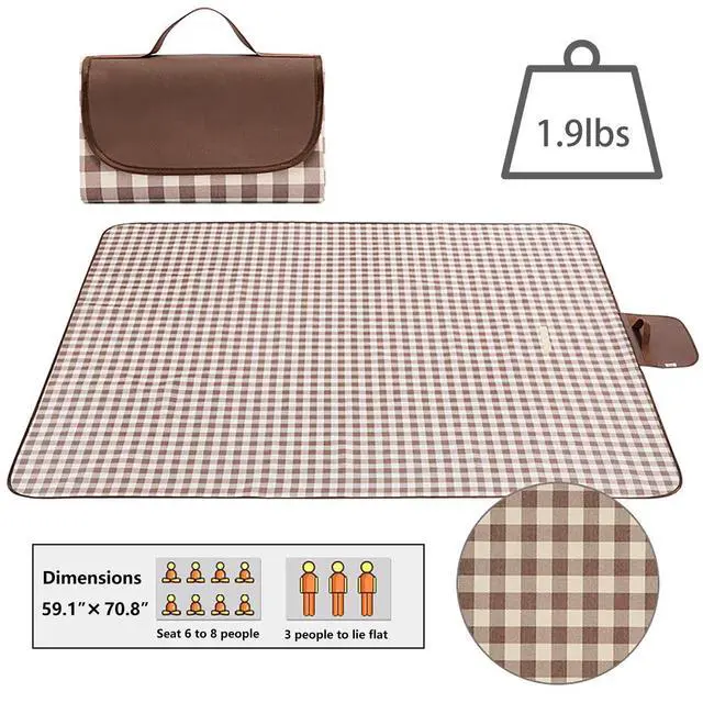 Alt view image 2 of 7 - Waterproof Picnic Blanket with Carry Strap - Foldable Sandproof Outdoor Mat for Camping, Beach, Park - 59" x 71",Coffee Grid (Single Mat)