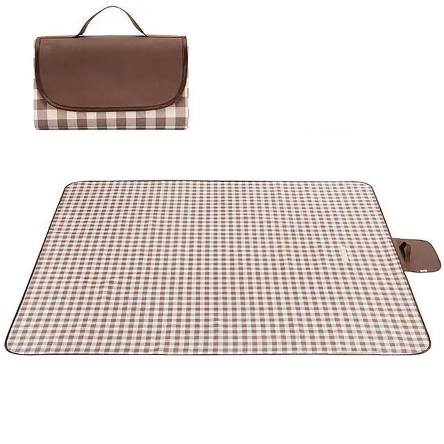 Main image of Waterproof Picnic Blanket with Carry Strap - Foldable Sandproof Outdoor Mat for Camping, Beach, Park - 59" x 71",Coffee Grid (Single Mat)