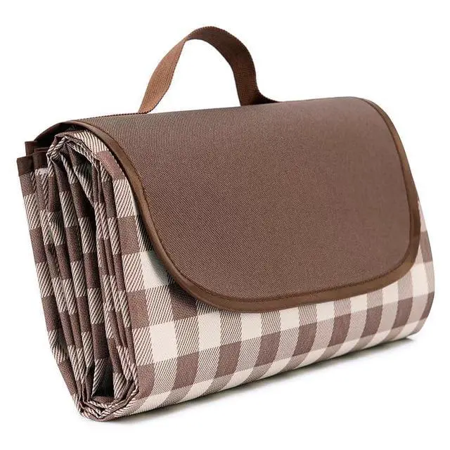 Alt view image 3 of 7 - Waterproof Picnic Blanket with Carry Strap - Foldable Sandproof Outdoor Mat for Camping, Beach, Park - 59" x 71",Coffee Grid (Single Mat)