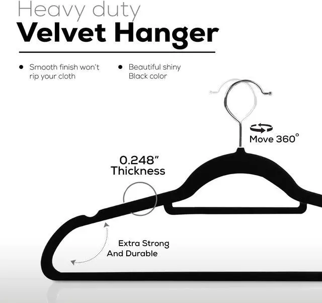 Alt view image 4 of 7 - Premium Velvet Hangers 20 Pack - Non-Slip Clothes Hanger with Tie Bar - Black Hangers with 360 Degree Rotatable Hook - Heavy Duty Coat Hanger