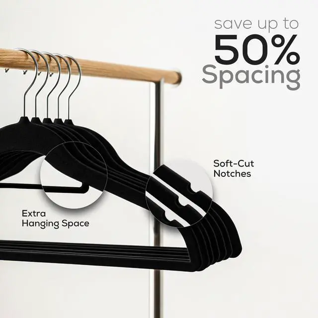 Alt view image 5 of 7 - Premium Velvet Hangers 20 Pack - Non-Slip Clothes Hanger with Tie Bar - Black Hangers with 360 Degree Rotatable Hook - Heavy Duty Coat Hanger