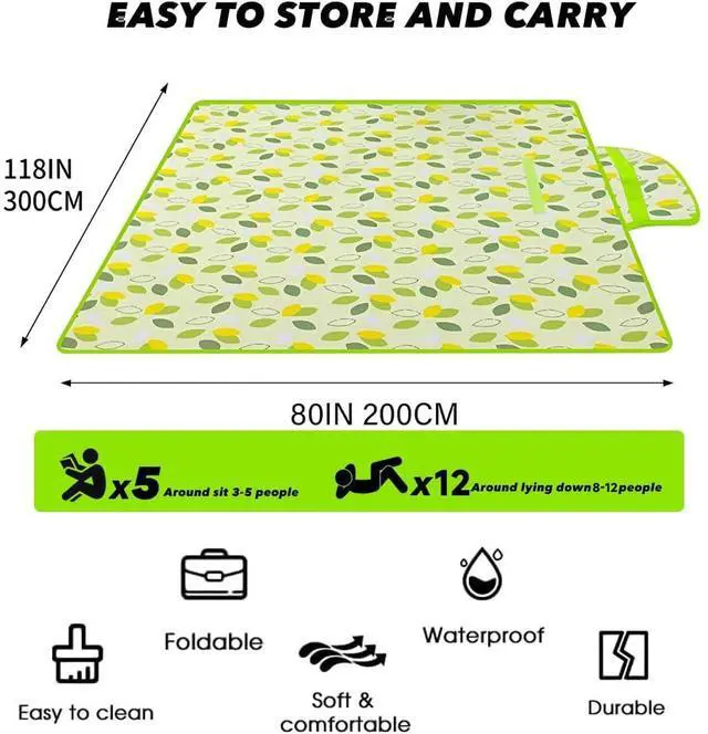 Alt view image 2 of 7 - 80" x 120" Sandproof Waterproof Picnic Blanket, Beach Mat for Outdoor Camping Hiking Park, Portable with Tote Bag,Non-Stick to Sand and Grass,Foldable for Indoor and Outdoor Use (Green Leaf)