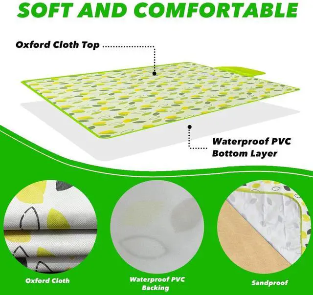 Alt view image 3 of 7 - 80" x 120" Sandproof Waterproof Picnic Blanket, Beach Mat for Outdoor Camping Hiking Park, Portable with Tote Bag,Non-Stick to Sand and Grass,Foldable for Indoor and Outdoor Use (Green Leaf)