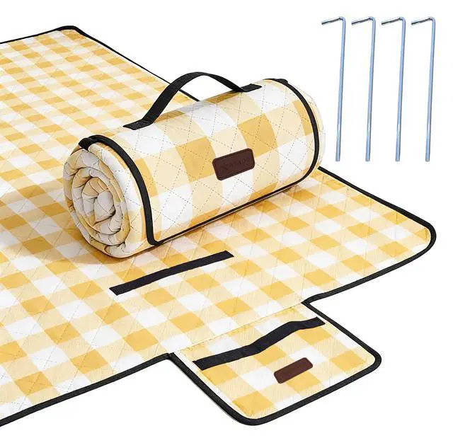 Main image of Outdoor Picnic Blanket, Extra Large, 80''x80'' Waterproof Foldable Blankets Gingham Picnic Mat for Beach, Camping Grass Lawn Park Accessories Cute Couple Ideas Wedding (Yellow, 80x80)