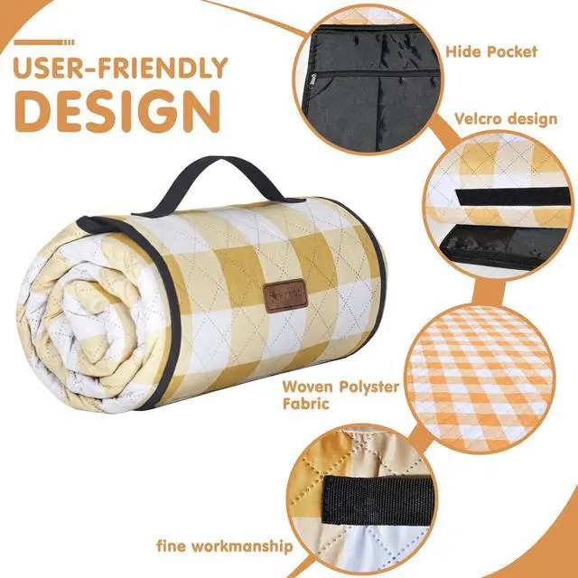 Alt view image 4 of 7 - Outdoor Picnic Blanket, Extra Large, 80''x80'' Waterproof Foldable Blankets Gingham Picnic Mat for Beach, Camping Grass Lawn Park Accessories Cute Couple Ideas Wedding (Yellow, 80x80)