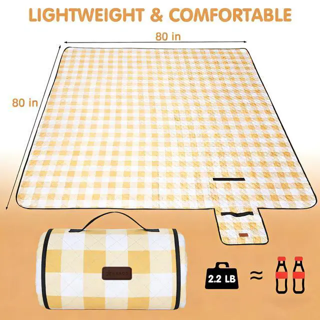 Alt view image 3 of 7 - Outdoor Picnic Blanket, Extra Large, 80''x80'' Waterproof Foldable Blankets Gingham Picnic Mat for Beach, Camping Grass Lawn Park Accessories Cute Couple Ideas Wedding (Yellow, 80x80)