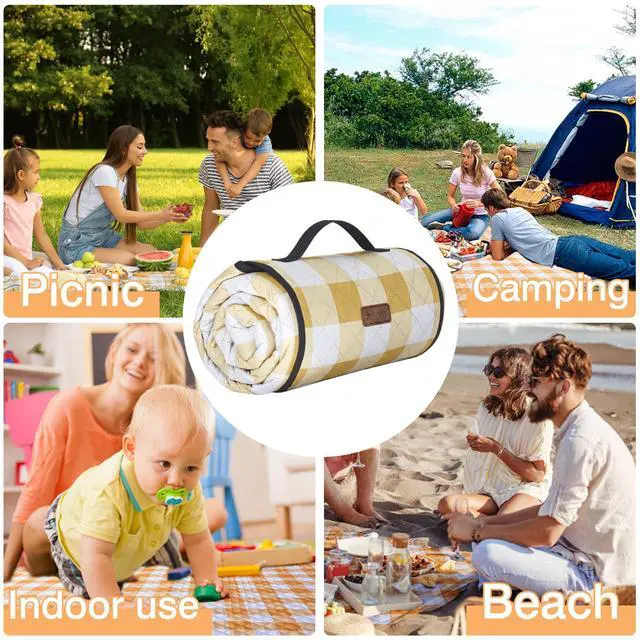 Alt view image 7 of 7 - Outdoor Picnic Blanket, Extra Large, 80''x80'' Waterproof Foldable Blankets Gingham Picnic Mat for Beach, Camping Grass Lawn Park Accessories Cute Couple Ideas Wedding (Yellow, 80x80)