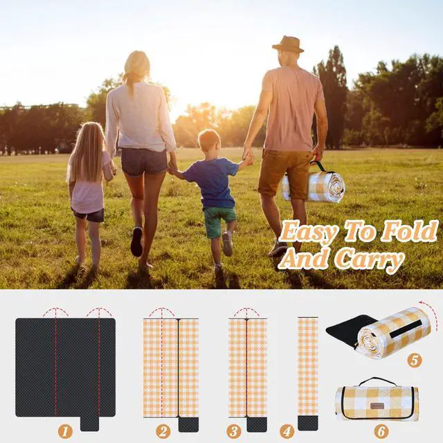 Alt view image 6 of 7 - Outdoor Picnic Blanket, Extra Large, 80''x80'' Waterproof Foldable Blankets Gingham Picnic Mat for Beach, Camping Grass Lawn Park Accessories Cute Couple Ideas Wedding (Yellow, 80x80)