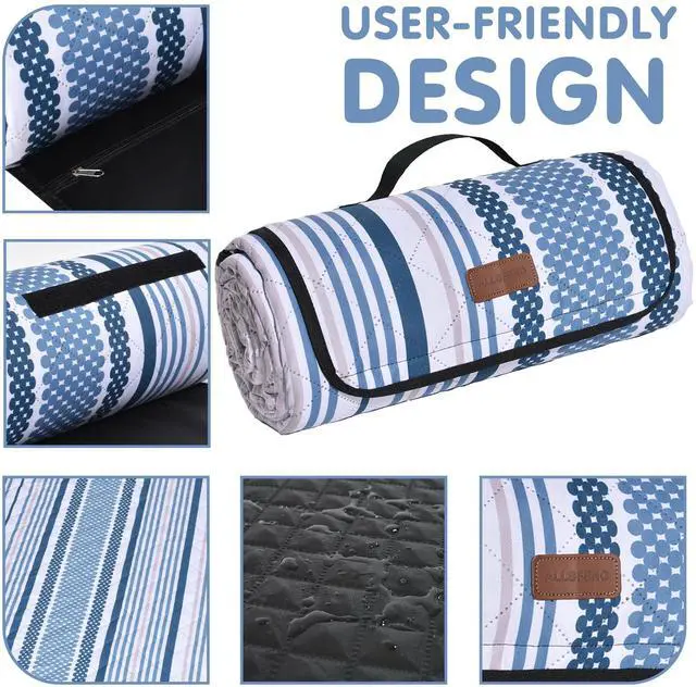 Alt view image 4 of 7 - Oversized Waterproof Picnic Mat, Suitable for Camping, Outdoor, Beach, Party and Concert. (Dark Blue & Light Blue, 80" * 80")
