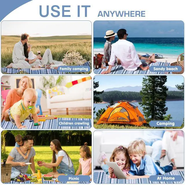 Alt view image 7 of 7 - Oversized Waterproof Picnic Mat, Suitable for Camping, Outdoor, Beach, Party and Concert. (Dark Blue & Light Blue, 80" * 80")