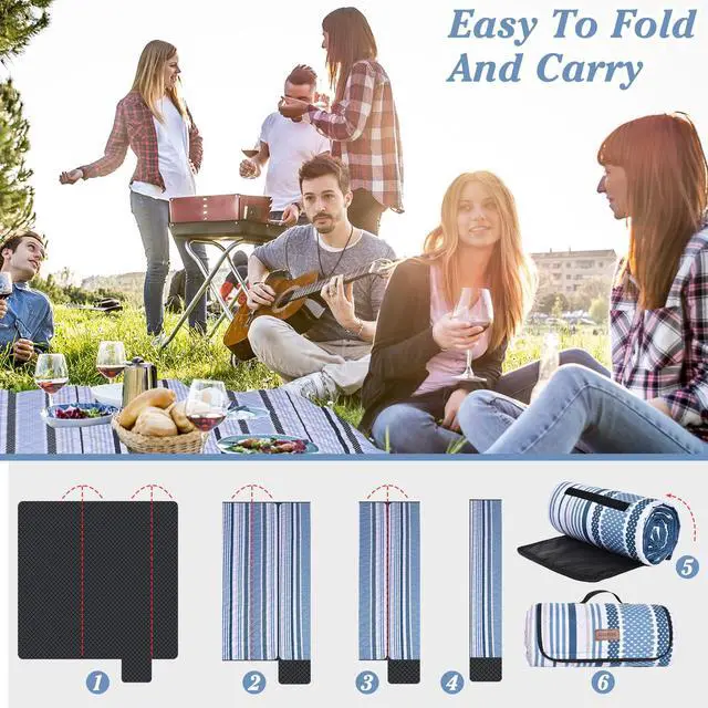 Alt view image 6 of 7 - Oversized Waterproof Picnic Mat, Suitable for Camping, Outdoor, Beach, Party and Concert. (Dark Blue & Light Blue, 80" * 80")