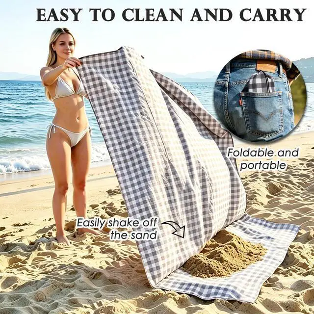 Alt view image 3 of 4 - Pocket Picnic Blanket Sandproof Waterproof, Portable Lightweight Camping Tarp, Quick Dry Foldable Compact Beach Mat with Corner Pockets & Stakes for Festivals Hiking Outdoor Essentials