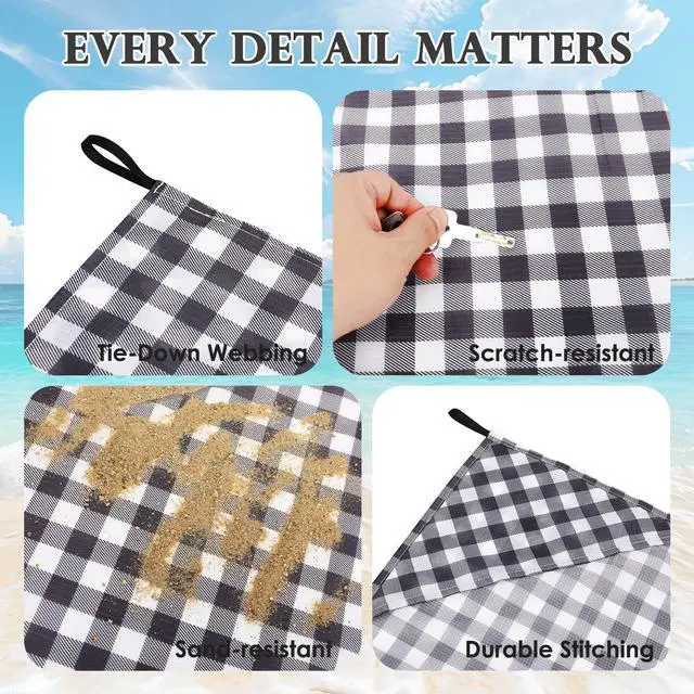 Alt view image 4 of 4 - Pocket Picnic Blanket Sandproof Waterproof, Portable Lightweight Camping Tarp, Quick Dry Foldable Compact Beach Mat with Corner Pockets & Stakes for Festivals Hiking Outdoor Essentials