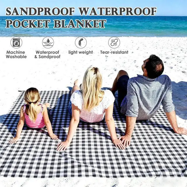Alt view image 2 of 4 - Pocket Picnic Blanket Sandproof Waterproof, Portable Lightweight Camping Tarp, Quick Dry Foldable Compact Beach Mat with Corner Pockets & Stakes for Festivals Hiking Outdoor Essentials