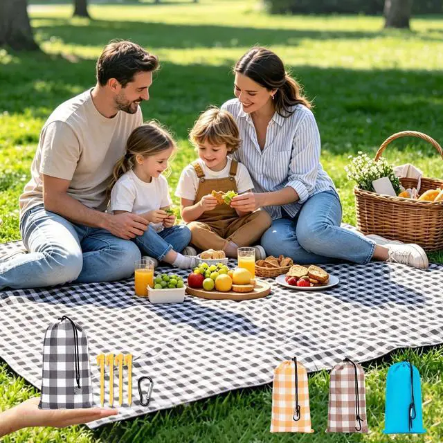 Main image of Pocket Picnic Blanket Sandproof Waterproof, Portable Lightweight Camping Tarp, Quick Dry Foldable Compact Beach Mat with Corner Pockets & Stakes for Festivals Hiking Outdoor Essentials
