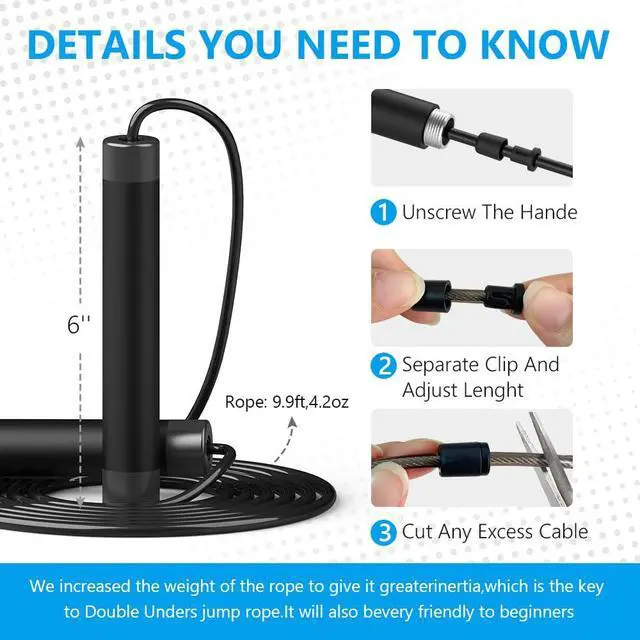 Alt view image 6 of 6 - Jump Rope, jump ropes 1/2 lb Weighted Jump Rope for Boxing, Cardio, Crossfit Workout, 8~10ft Range Adjustable Length Steel Ropes with Ball Bearings and Metal Handles, Jumpropes Suitable for Men