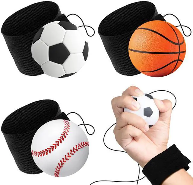 Main image of 2.25 Inch Sports Wrist Balls - Set of 3 - Includes Basketball, Baseball, and Soccer Ball Wristband Toys - Durable Foam String Attached Rebound Balls - Party Favor, Gift Idea for Kids