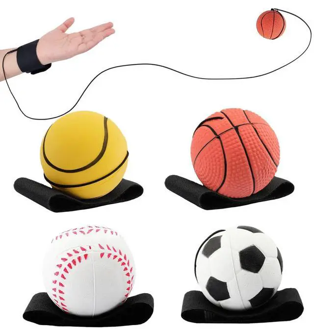 Main image of 4 PCS Wrist Return Ball on a String 2.36 Inches Rebound Sport Balls with Elastic Strap Baseball Soccer Tennis Practice Party Favors, Wrist Exercise and Fun Play for Kids & Adults