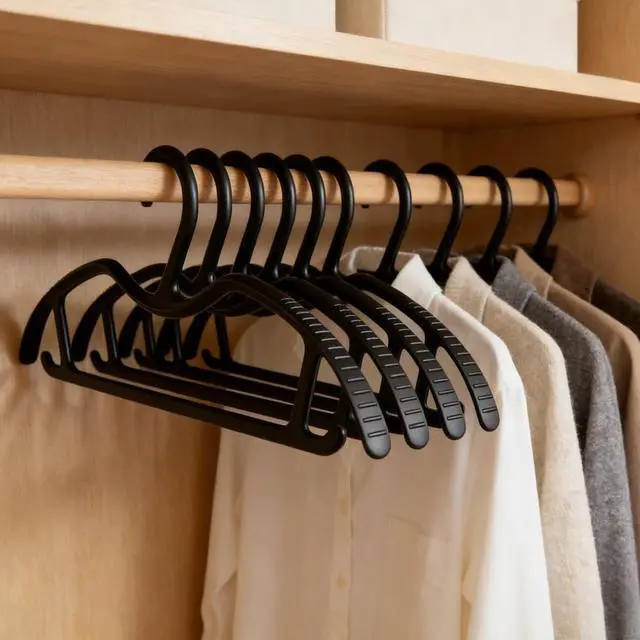 Alt view image 4 of 5 - 10Pack Coat Hanger Curved Non-Slip Grip Plastic Short Neck Clothes Hangers for Coats, Pants & Dress Black
