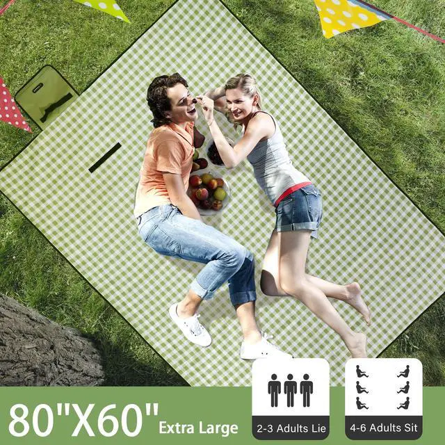 Alt view image 2 of 7 - Picnic Blanket Outdoor Extra Large Picnic Mat 80"X60" Camping Blanket Beach Blanket Foldable Waterproof Sand Mat Hiking Travel Family Concerts(Green)