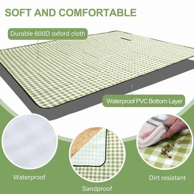 Alt view image 3 of 7 - Picnic Blanket Outdoor Extra Large Picnic Mat 80"X60" Camping Blanket Beach Blanket Foldable Waterproof Sand Mat Hiking Travel Family Concerts(Green)