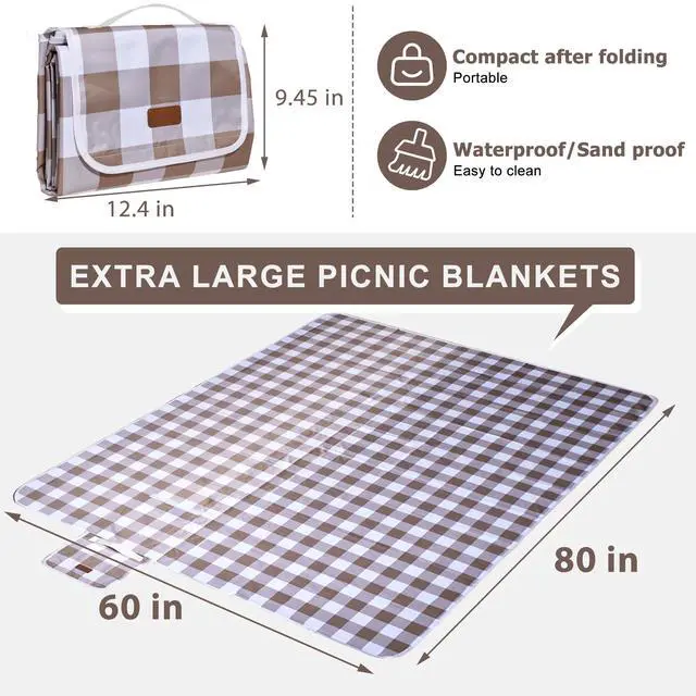 Alt view image 3 of 7 - 80"x60" Waterproof Sandproof Picnic Mat - Portable Foldable Outdoor Blanket for Beach, Park, Travel & Indoor Use - Lightweight Compact Design, Easy-Carry (Light Brown)