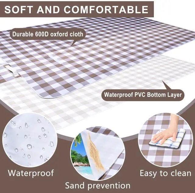 Alt view image 4 of 7 - 80"x60" Waterproof Sandproof Picnic Mat - Portable Foldable Outdoor Blanket for Beach, Park, Travel & Indoor Use - Lightweight Compact Design, Easy-Carry (Light Brown)