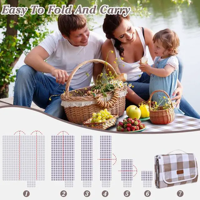 Alt view image 6 of 7 - 80"x60" Waterproof Sandproof Picnic Mat - Portable Foldable Outdoor Blanket for Beach, Park, Travel & Indoor Use - Lightweight Compact Design, Easy-Carry (Light Brown)