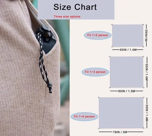 Alt view image 2 of 7 - Outdoor Pocket Blanket, 55"x60" Waterproof Foldable Compact Small Picnic Blanket, Ultralight Tarp for Camping, Festival, Beach, Hiking, Backpacking, Travel, Stakes Included (Grey)