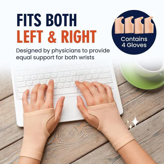 Alt view image 7 of 7 - Gel Wrist Brace - 4 ct - Waterproof Fingerless Compression Sleeve - Mild Carpal Tunnel, Arthritis & Tendonitis Relief - Fits Left & Right Hand - Men & Women - Medium