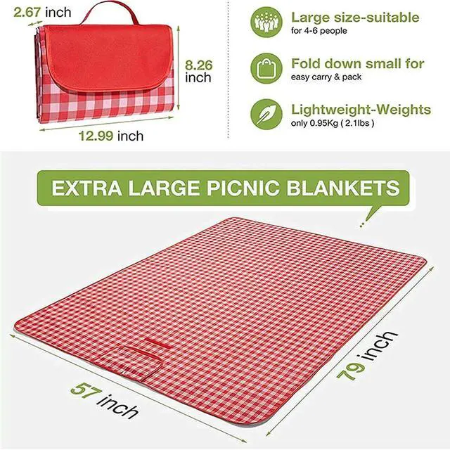 Alt view image 6 of 6 - Picnic Blanket|Beach Mat|Picnic Blanket for Indoor and Outdoor, 80" x 60" Sandproof Waterproof Larger Mat for Beach, Travel, Camping, Hiking, Park Grass,Handy Mat Tote, Foldable. (Red Plaids)