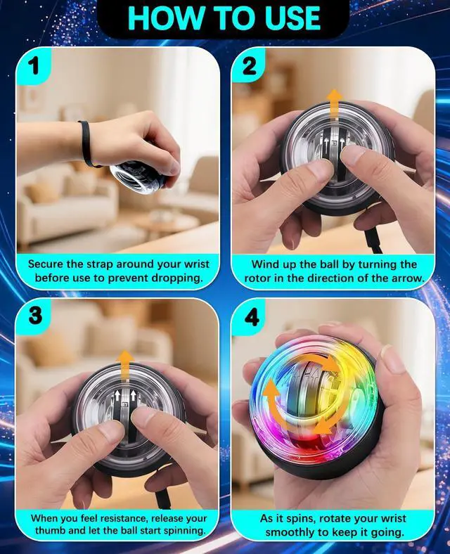 Alt view image 5 of 7 - Torque Ball, Wrist Trainer Ball 2026 Upgraded, Auto-Start Gyro Ball, Wrist & Forearm Strengthener with LED Light, Smooth Silent Rotation, Portable Trainer for Fitness, Grip Strength Training-black