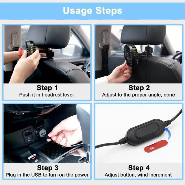 Alt view image 2 of 4 - Car Fan for Backseat, USB Powered Car Rear Seat Headrest Fans, 3 Speeds and 360 Degree Rotatable Cooling and Powerful Air Circulation Fans for Sedan, SUV, RV, Pickup, Truck, Van, Golf Vehicles