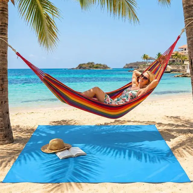 Alt view image 4 of 7 - Pocket Picnic Blanket, Lightweight Compact Travel Beach Mat, Sandproof Waterproof Oxford Outdoor Festival Camping Tarp, Packable Small Foldable Portable Mat with Carry Bag, Blue, 55"x59"