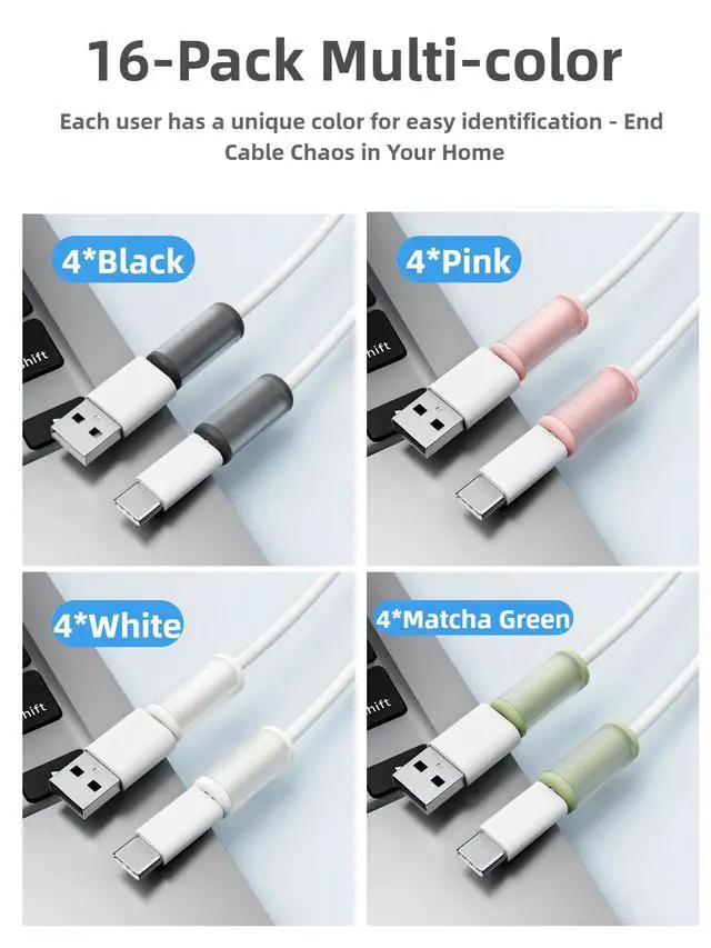 Alt view image 7 of 7 - 16 Pack Phone Cable Protectors for iPhone Android USB C Charger End Cord Savers, Silicone Non-Slip Charging Wire Protector, Easy Setup 4 Colors Cable Wrap Accessories for Home & Office