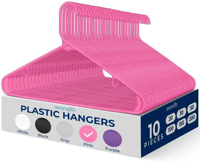 Main image of 10 Pieces Plastic Hangers - Space Saving Heavy Duty Slim Suit Clothes Hanger Set with 360 Degree Swivel Metal Hook, Can Hold Up to 10 Lbs. for Coats, Jackets, Pants & Dress (Pink)