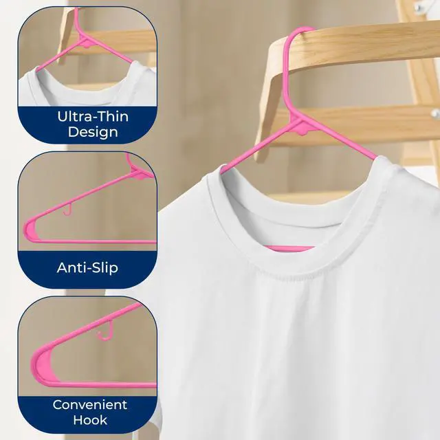 Alt view image 5 of 7 - 10 Pieces Plastic Hangers - Space Saving Heavy Duty Slim Suit Clothes Hanger Set with 360 Degree Swivel Metal Hook, Can Hold Up to 10 Lbs. for Coats, Jackets, Pants & Dress (Pink)