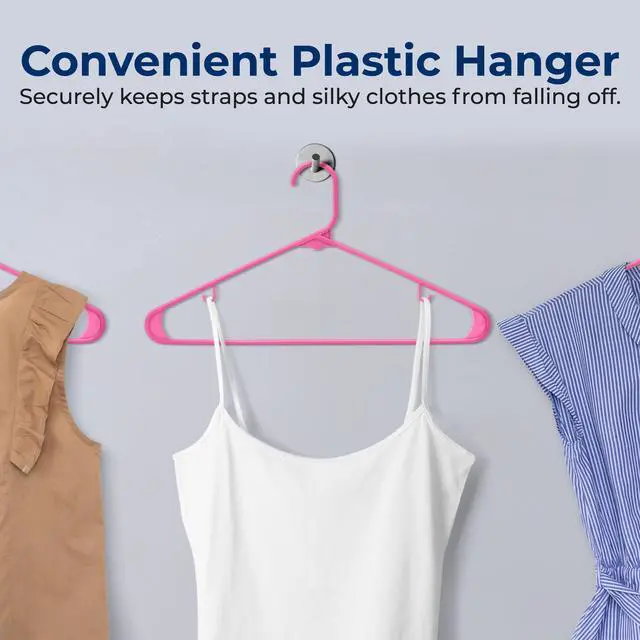 Alt view image 6 of 7 - 10 Pieces Plastic Hangers - Space Saving Heavy Duty Slim Suit Clothes Hanger Set with 360 Degree Swivel Metal Hook, Can Hold Up to 10 Lbs. for Coats, Jackets, Pants & Dress (Pink)