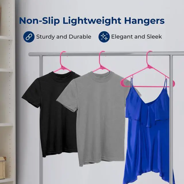 Alt view image 4 of 7 - 10 Pieces Plastic Hangers - Space Saving Heavy Duty Slim Suit Clothes Hanger Set with 360 Degree Swivel Metal Hook, Can Hold Up to 10 Lbs. for Coats, Jackets, Pants & Dress (Pink)