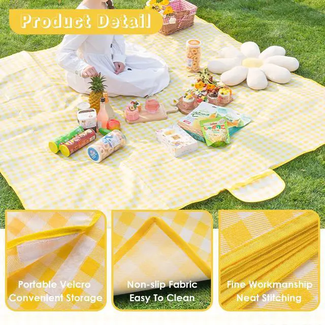 Alt view image 4 of 7 - Portable Picnic Blanket, Waterproof Sandproof Foldable Outdoor Mat with Handle for Beach, Camping, Hiking, Travel, and Family Concerts (Yellow)