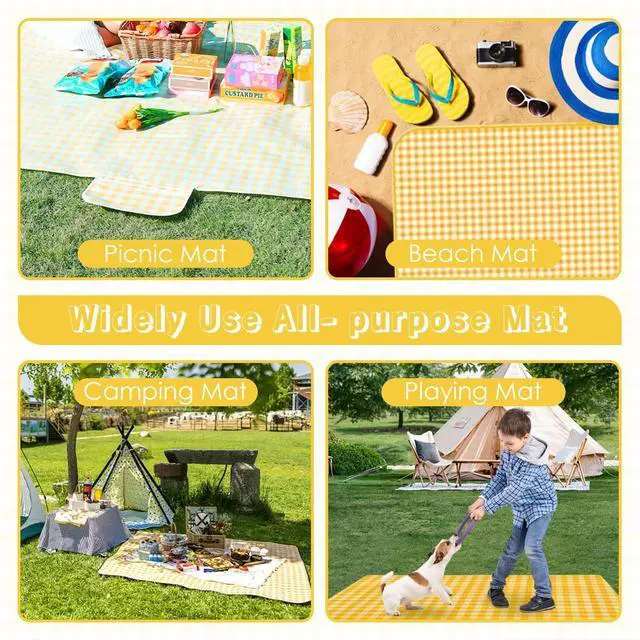 Alt view image 7 of 7 - Portable Picnic Blanket, Waterproof Sandproof Foldable Outdoor Mat with Handle for Beach, Camping, Hiking, Travel, and Family Concerts (Yellow)